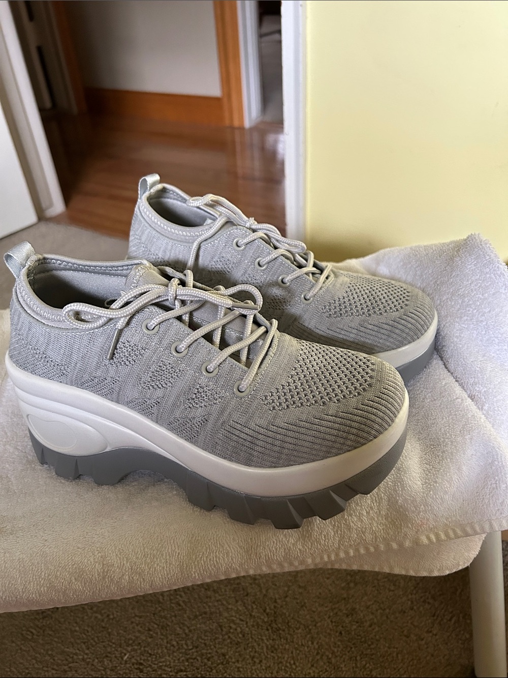 Chunky Knit Platform Lace-Up Sneakers in Light Gray